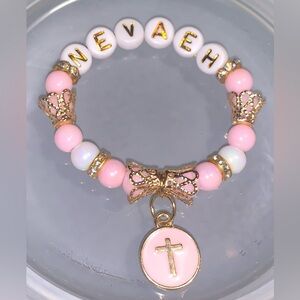 Pink and Gold Baby and Kids Bracelet with Cross Charm (personalized)